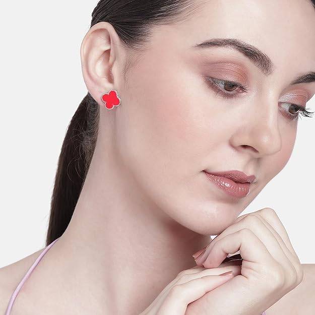 Estele Rhodium Plated Four Leaf Clover Designer Stud Earrings With Red Enamel For Women And Girls : 10202-IRRD-ERER
