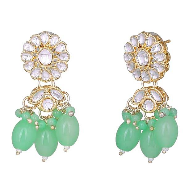 Estele Gold Plated Flower Designer Gehena Drop Earrings With Mint Green Beads For Women : PJ-003-IGMGER