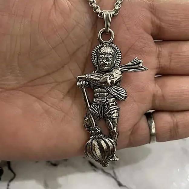 Gehena By Estele Powerful Bajrangbali Hanuman Ji With Gada (Mace) Locket Pendant For Men: Silver Oxidize : OSAK048-IROXPENDANT