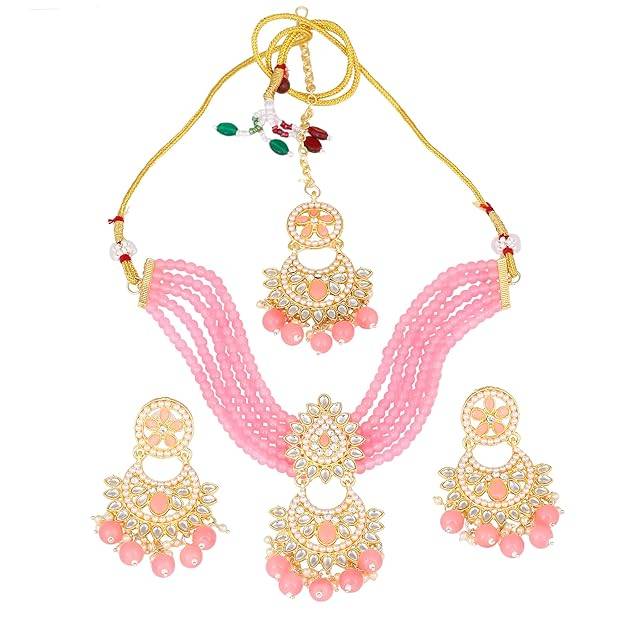 Estele Gold Plated Graceful Gehena Necklace Set & Maang Tikka With Mint Pink Beads For Women : PJ-033-IGMPNKERTK