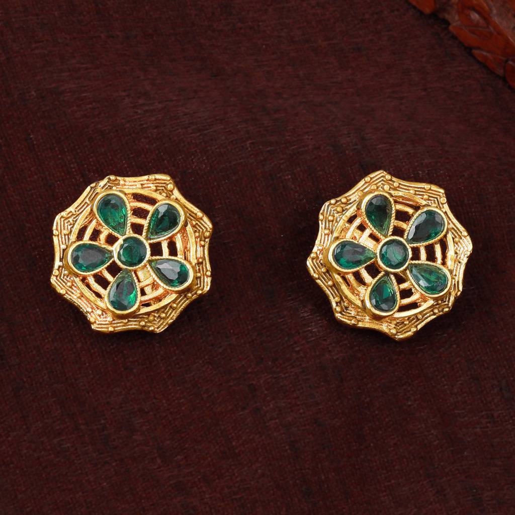 Estele Gold Plated Sparkling Flower Designer Matte Finish Stud Earrings With Green Crystals For Women : AD-116716-IGGNER