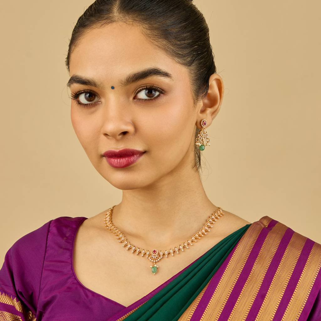 Ruby-Green Gold-Plated Party Zircon Necklace Set-444797 : 444797