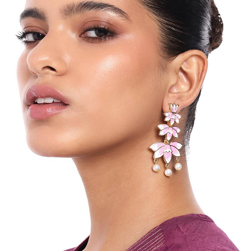 Estele Gold Plated Pink Enamel Lotus Designer Ravishing Pearl Drop Dangler Earrings For Girl'S & Women : 799701-IGER