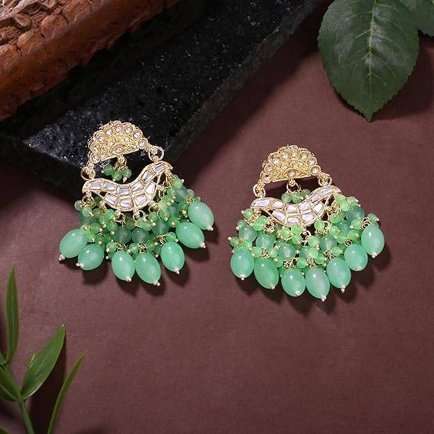 Estele Gold Plated Elegant Designer Gehena Drop Earrings With Mint Green Beads For Women : PJ-012-IGMGER