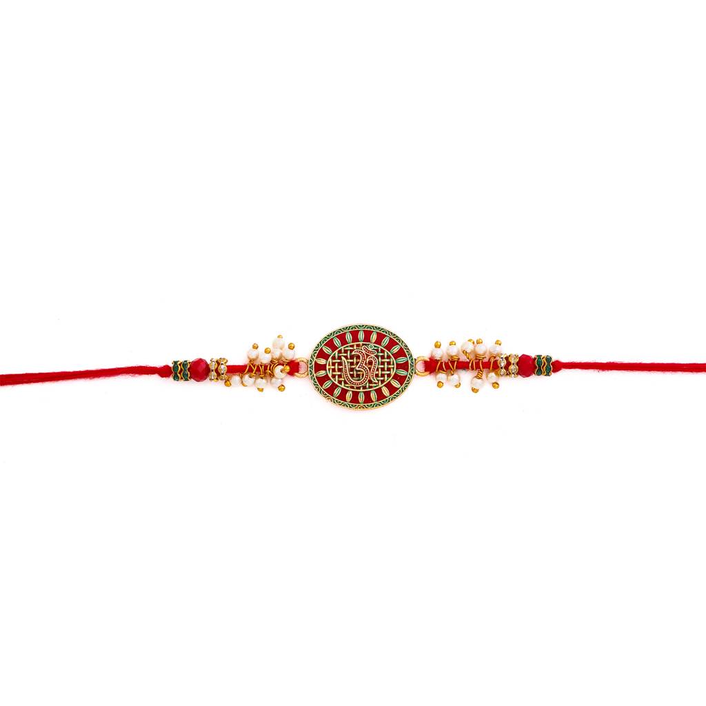 Om Pearl Enameled Rakhi With Roli Chaawal Pack : 8905124413281