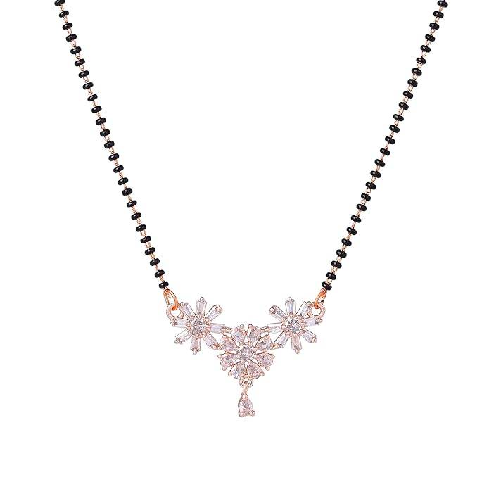 Estele Rosegold Plated Charming & Vibrant Floral Elegance Mangalsutra Chain With Black Beads & White Crys : OSAKMS006-RGWENK