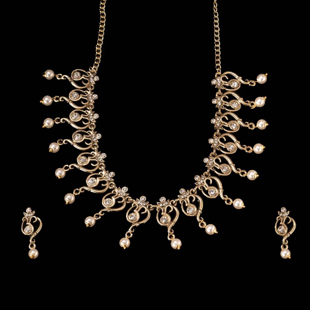 Estele Gold Plated Antique Spiritual Om Shaped Necklace Set With Glowing Pearls For Women : 10000-IGNKER