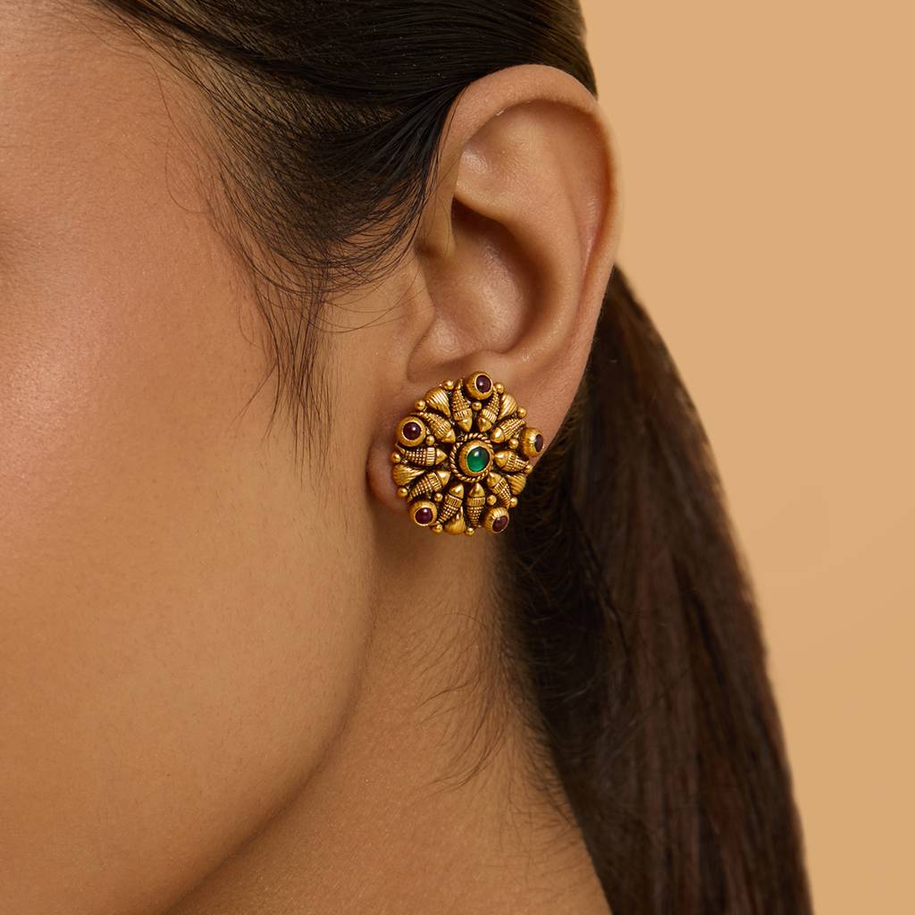 Kushal'S Fashion Jewellery Ruby-Green Oxidised Gold-Plated Ethnic 92.5 Pure Silver Temple Studs-177419 : 425359