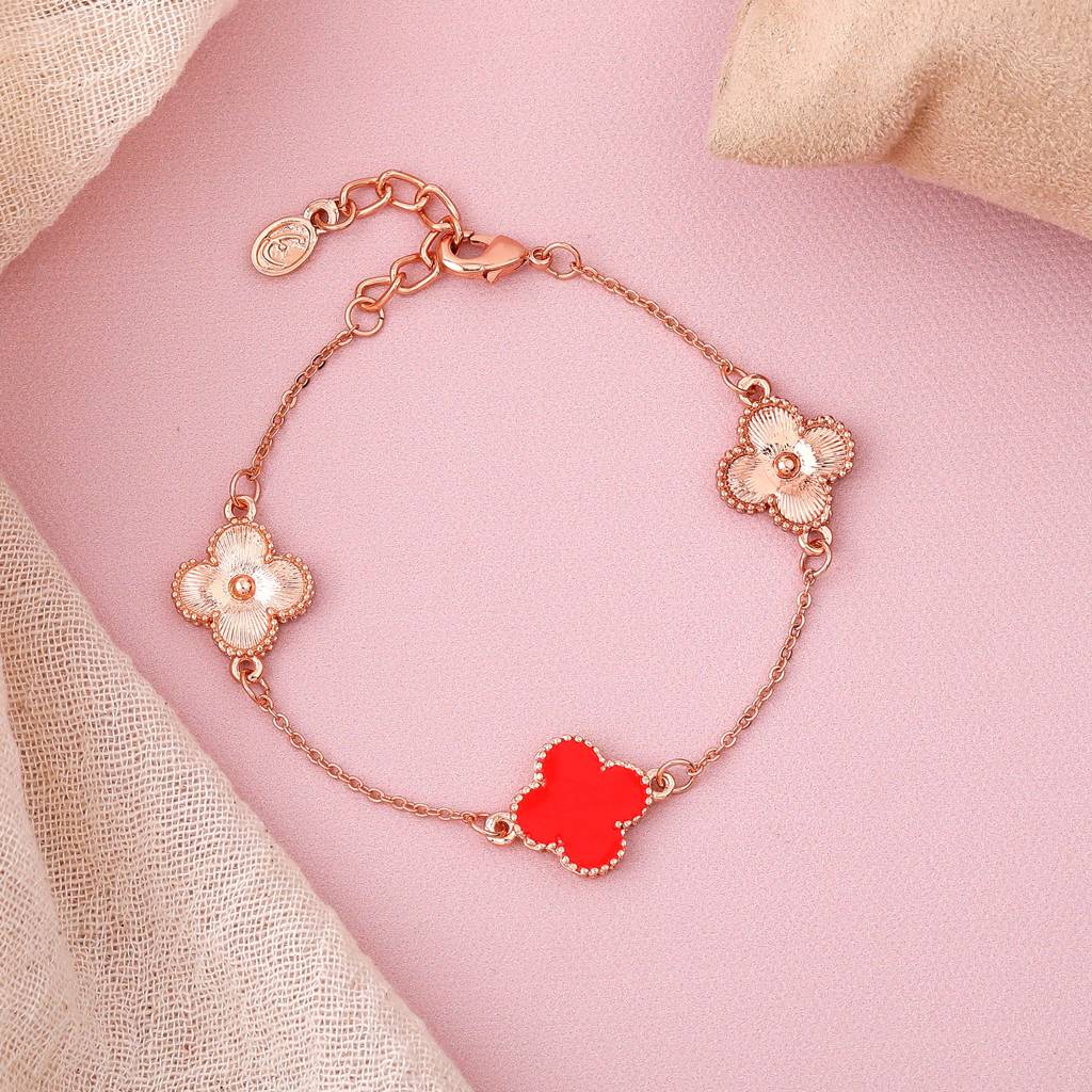 Estele Rosegold Plated Fancy Red Clover Leafy Style Chain Link Adjustable Charm Bracelet For Girls And Women : 102183-RGRDBR