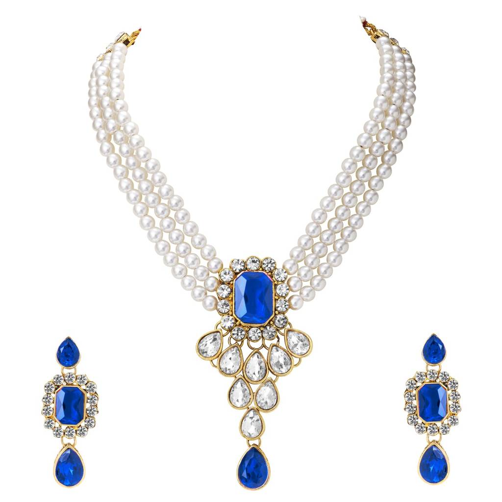 Blue Crystal Pearl Choker Necklace And Drop Earring Traditional Jewellery Set For Women & Girls : PF24N01B