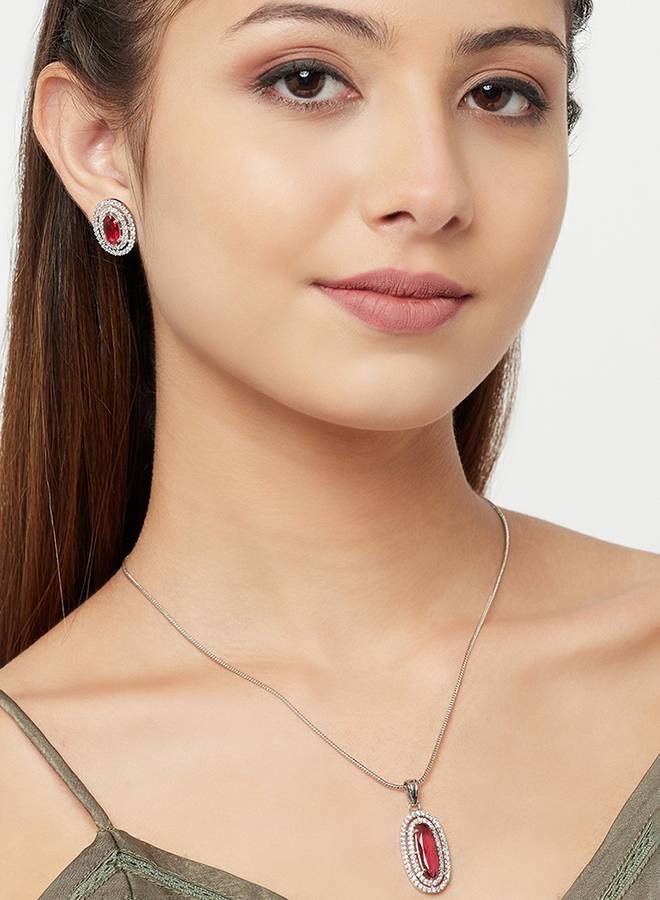 Sparkling Elegance Red Stone Silver Plated Pendant Set : 8905124443547