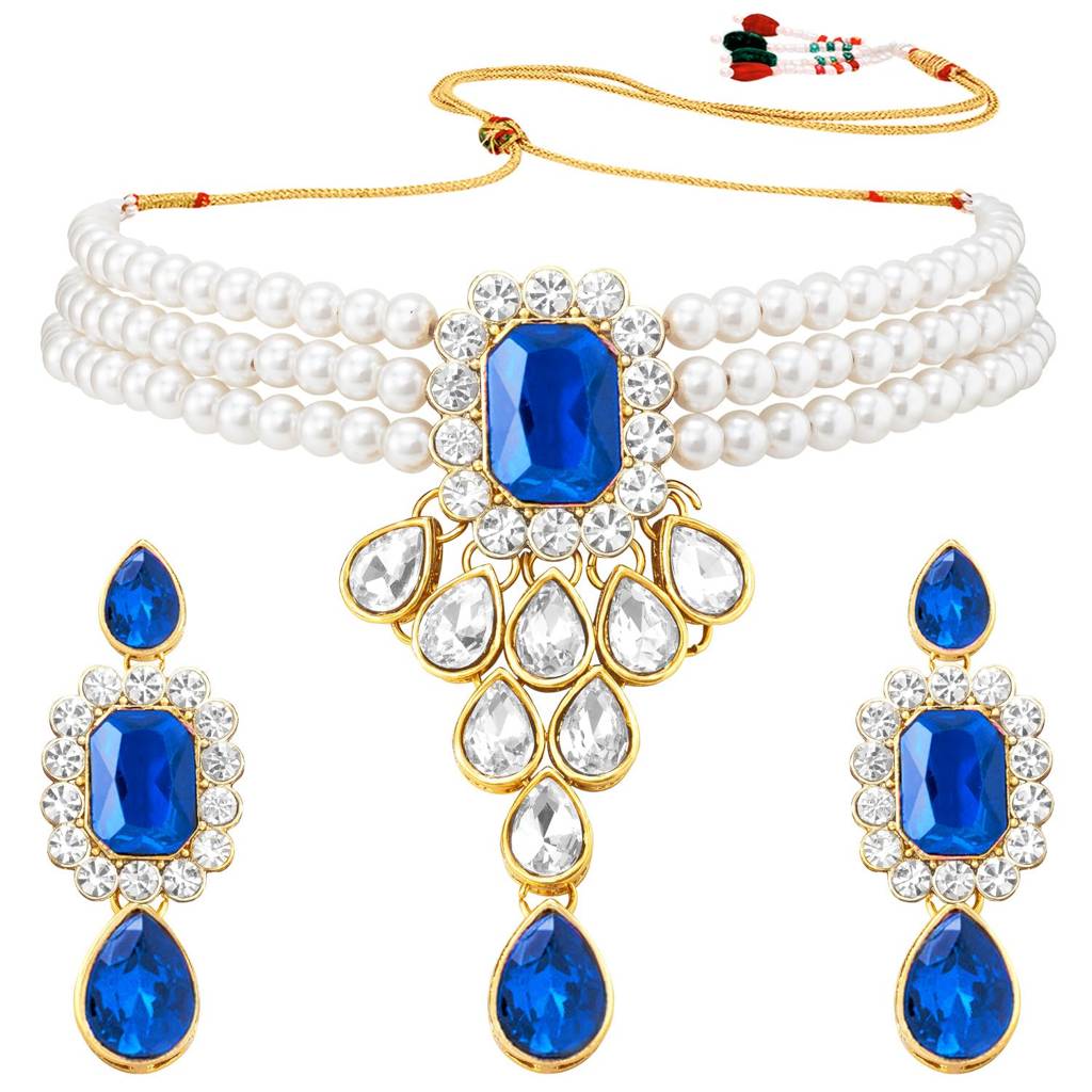 Blue Crystal Pearl Choker Necklace And Drop Earring Traditional Jewellery Set For Women & Girls : PF24N01B
