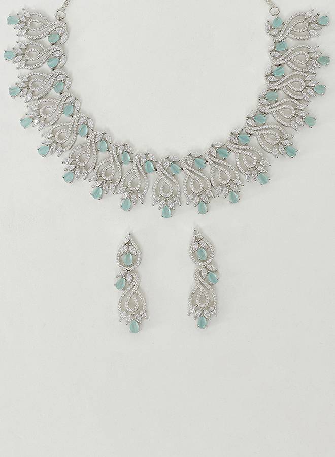 Pear Cut Cz Adorned Silver Plated Brass Floral Jewellery Set : 8905124453409