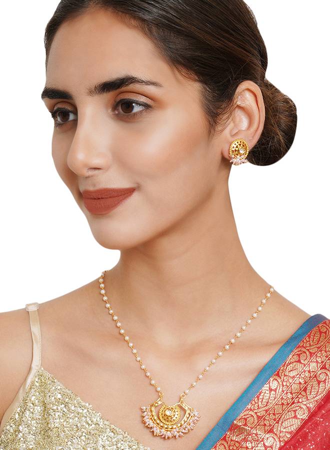 Festive Hues Long Gold Plated Jewellery Set In Pastel Pearl Chain : 8905124466508