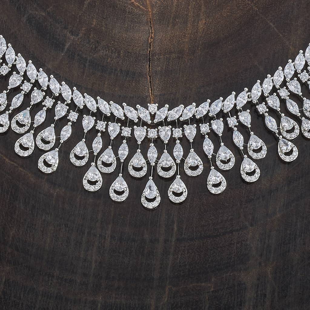 White Plated Party Zircon Necklace Set-433219 : 433219