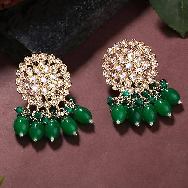 Estele Gold Plated Floral Designer Gehena Drop Earrings With Green Beads For Girls/Women : PJ-004-IGGNER