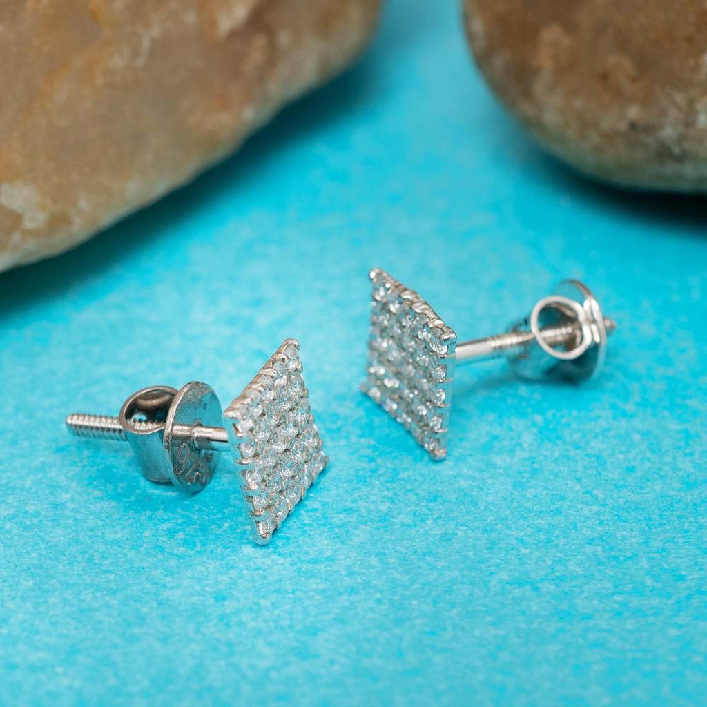 925 Silver Square Stud Earrings | Diamond Geometric Gift : SE_000901