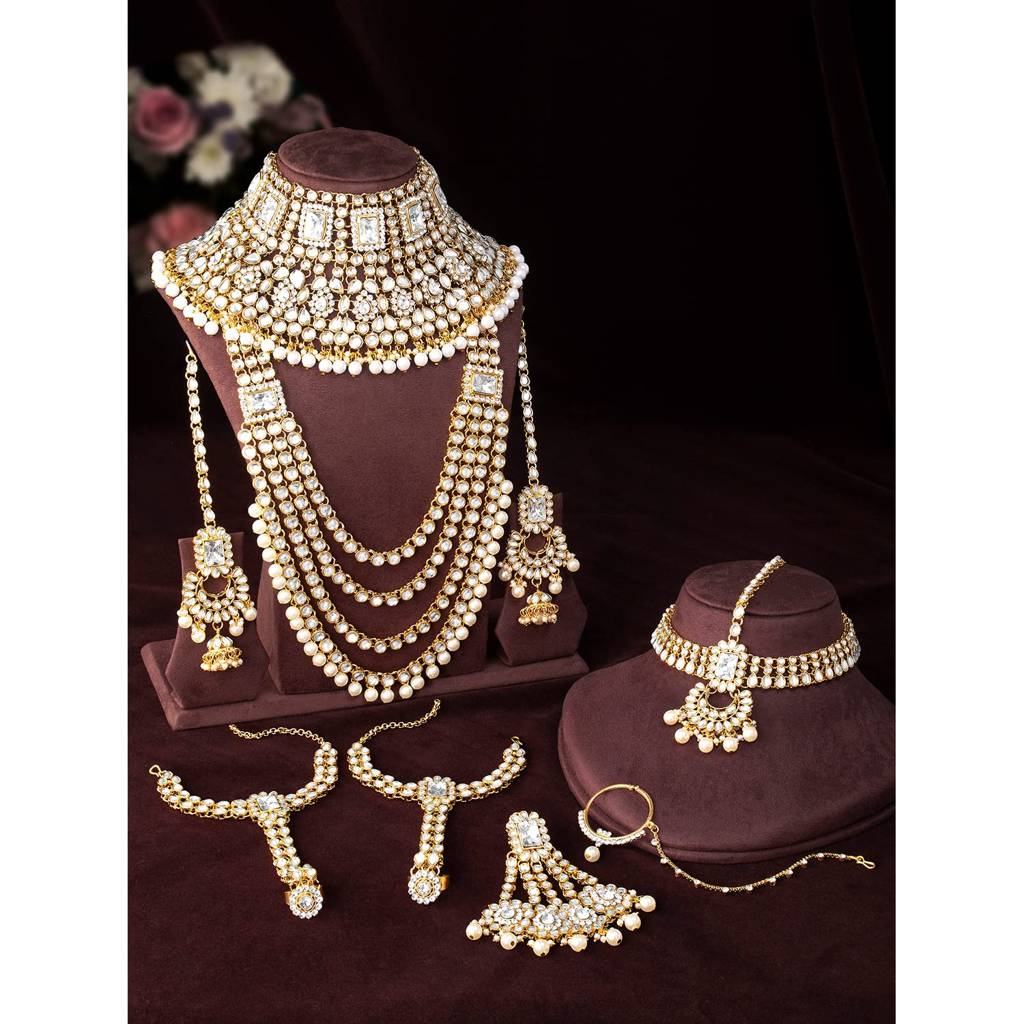 Ethnic Traditional Gold Plated Kundan Studded Dulhan Bridal Jewellery Set With Choker Earrings Maang Tikka Hathpho : PF36BR02W