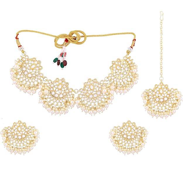 Estele Gold Plated Gorgeous White Pearl Choker Gehena Necklace Set & Maang Tikka For Women : PJ-035-IGWENKERTK