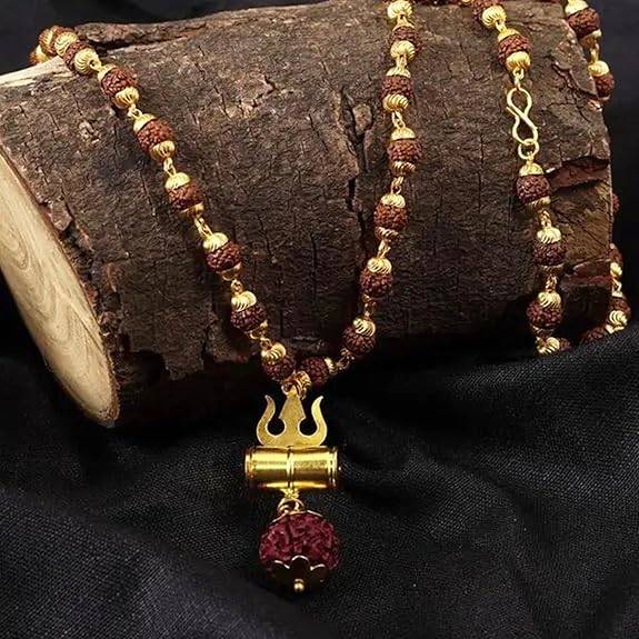 Trishul & Damru Pendant With Rudraksha Mala Gold-Tone Spiritual Necklace For Men : OSAK056-IGBRNPENDANT