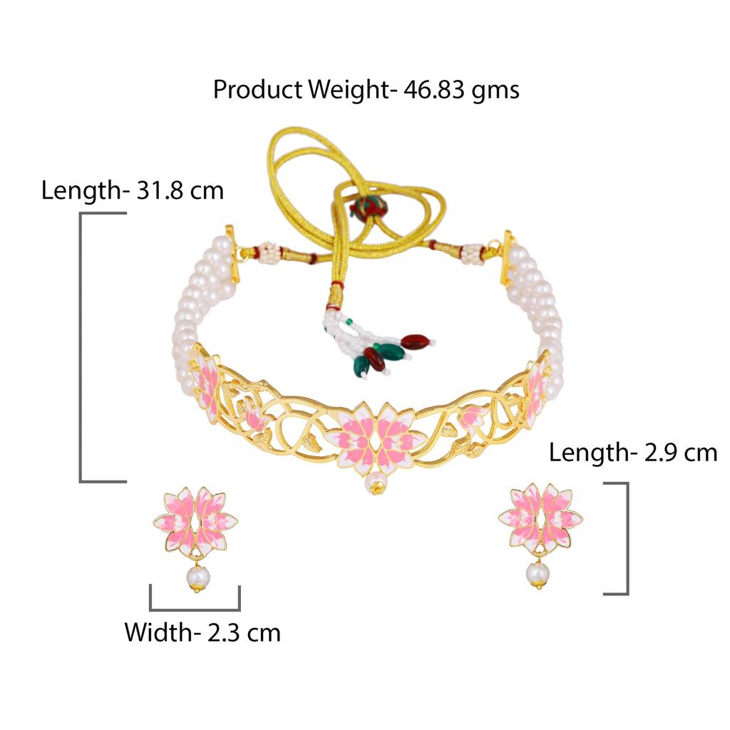 Estele Gold Plated Latest Lotus Designer Pearl Choker Necklace Set With Pink Enamel For Girl'S & Women : 10189-IGNKER