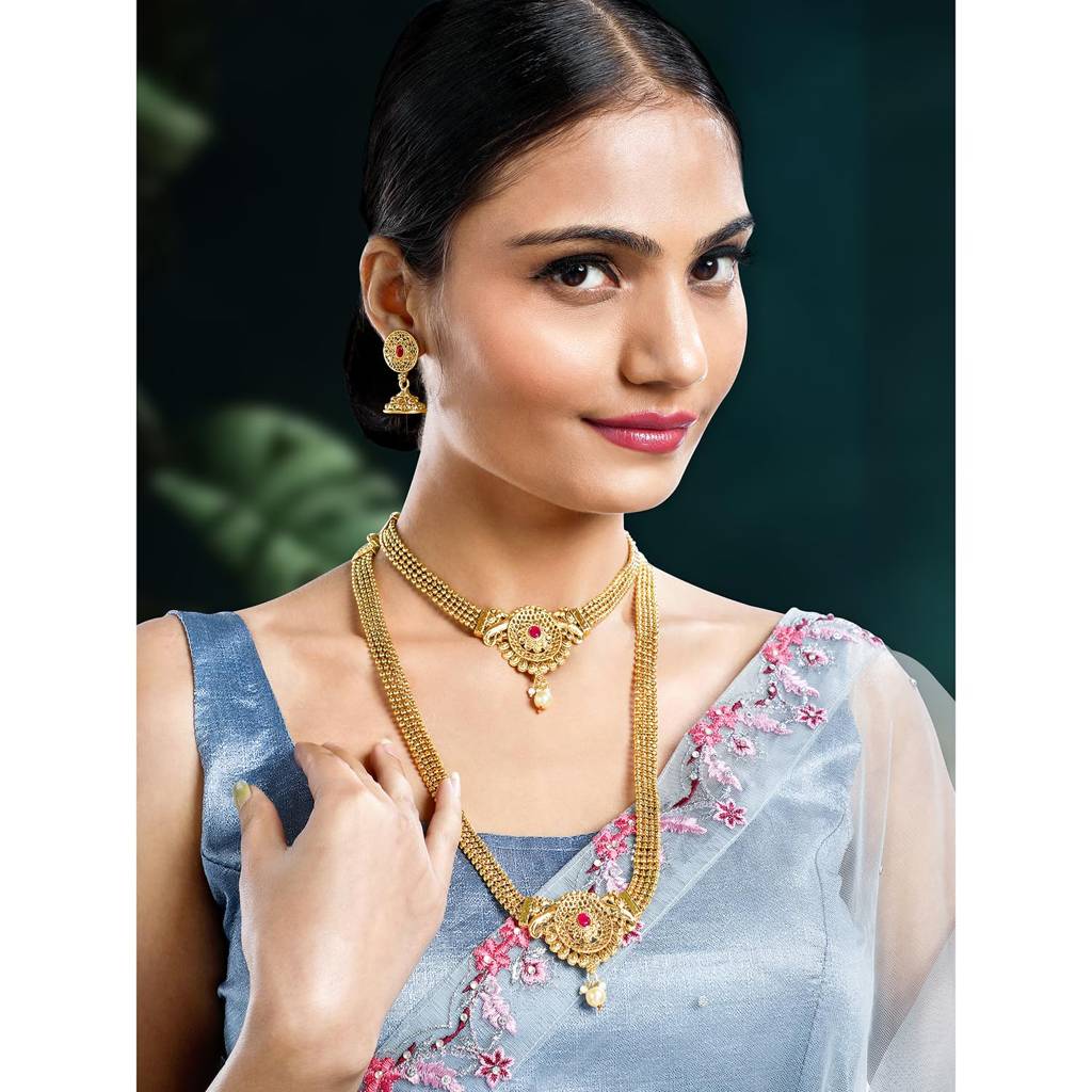 Gold Plated Rani Pink Synthetic Stone & Pearl Studded Maharani Haar Short & Long Necklace With Jhumki Earrings : PF04BR10686RP