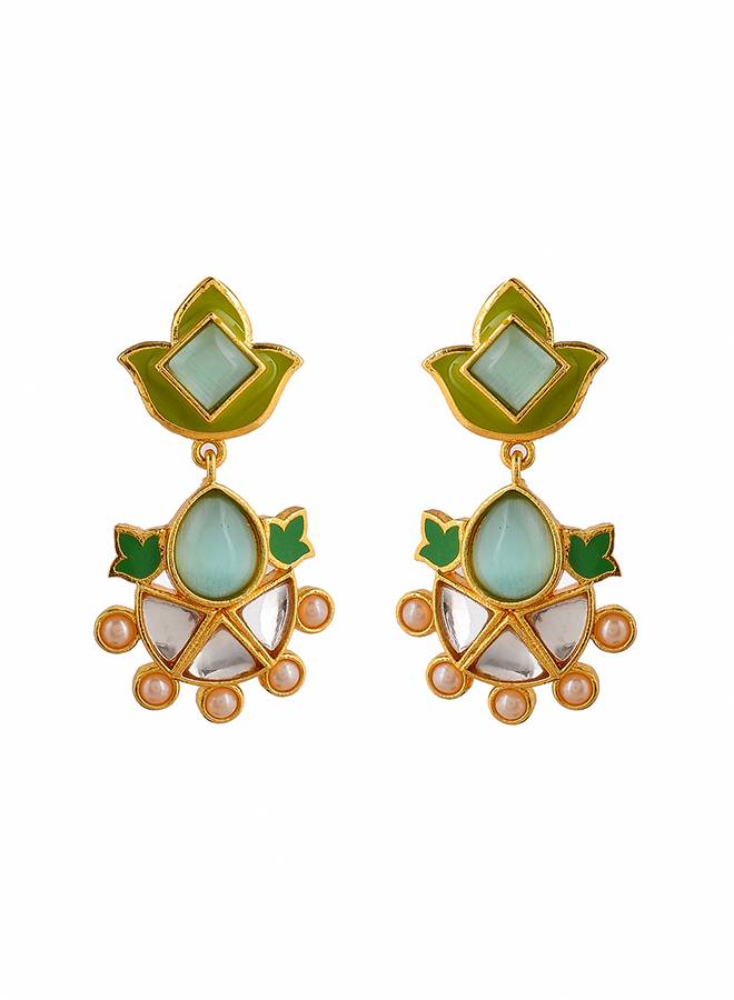 Forever More Green Enamelled Floral Pearls And Green Stones Earrings : 8905124498363