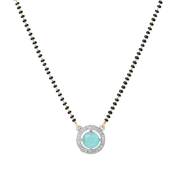 Gold & Rhodium Plated Fashionable Circular Pendant Mangalsutra Chain With Black Beads & Mint Green Crysta : OSAKMS013-2TNMGNK
