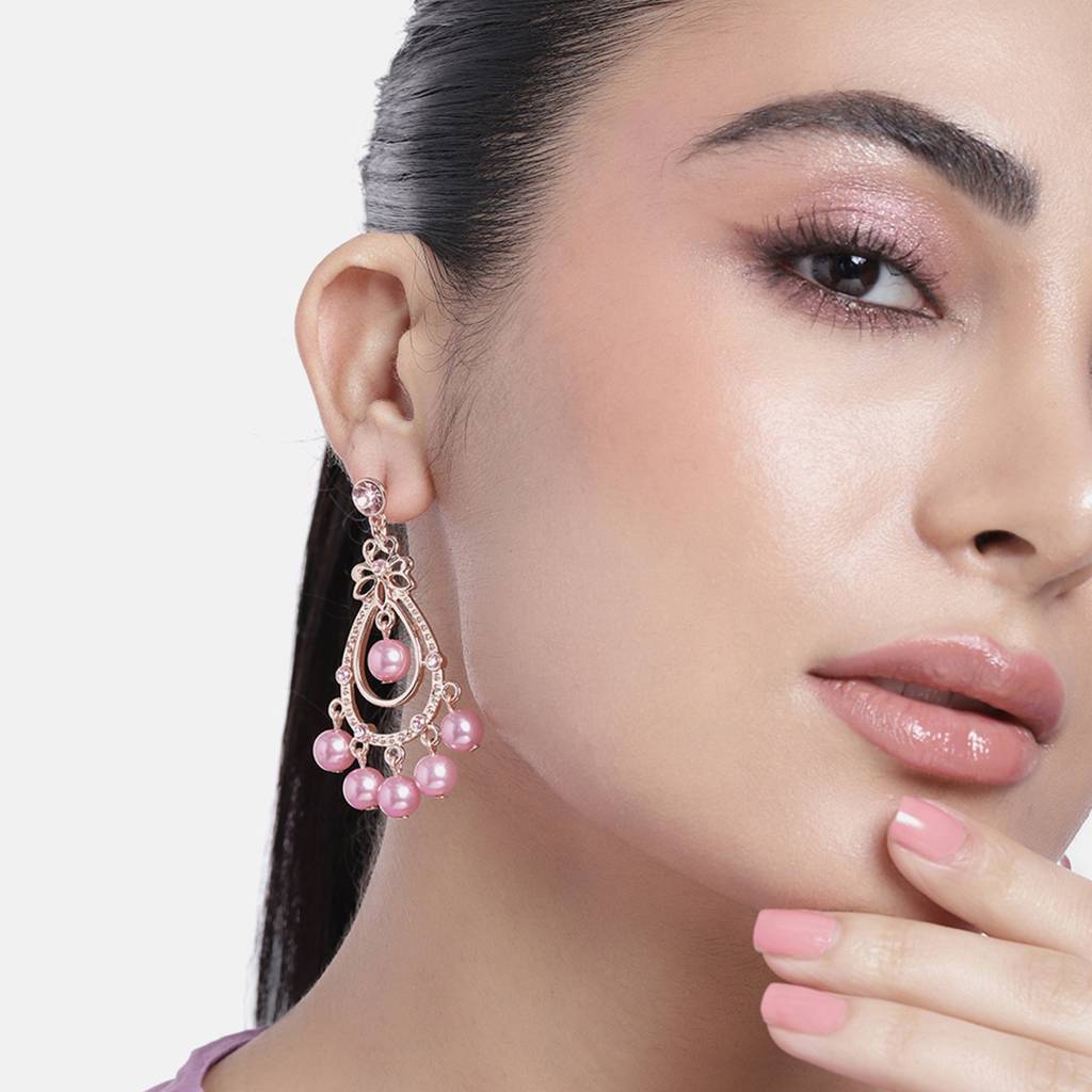 Estele Rosegold Plated Princess Earrings With Pink Pearl Drops For Women : 698705-IGER