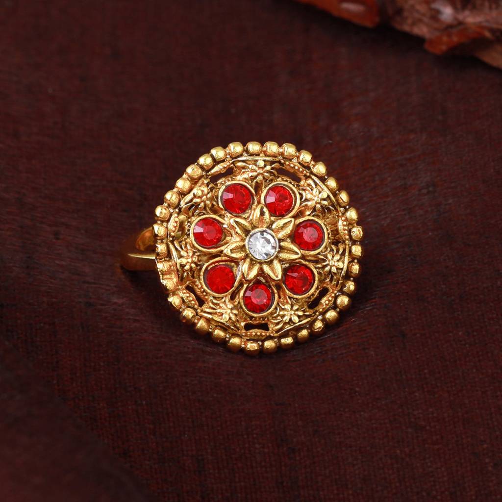 Estele Gold Plated Flower Designer Matte Finish Finger Ring With Ruby Crystals For Women : AD-150-IGRBRING