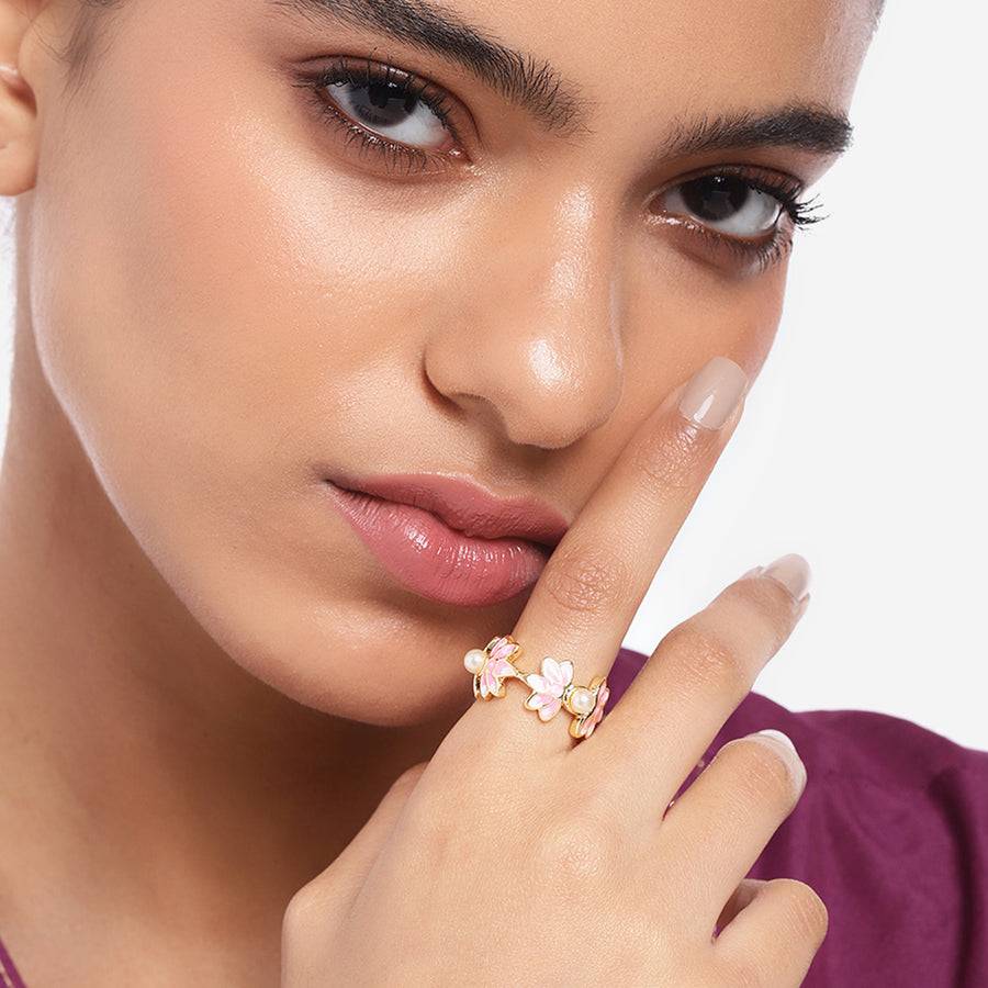 Estele Gold Plated Pink Enamel Lotus Designer Adjustable Finger Ring With Pearls For Girl'S & Womens : AD-137-IGRING