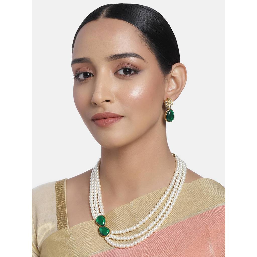 Pearl Mala Necklace & Earrings For Women Girls Traditional Ethnic Jewellery Set-Pf26N1145 : PF26N1145G