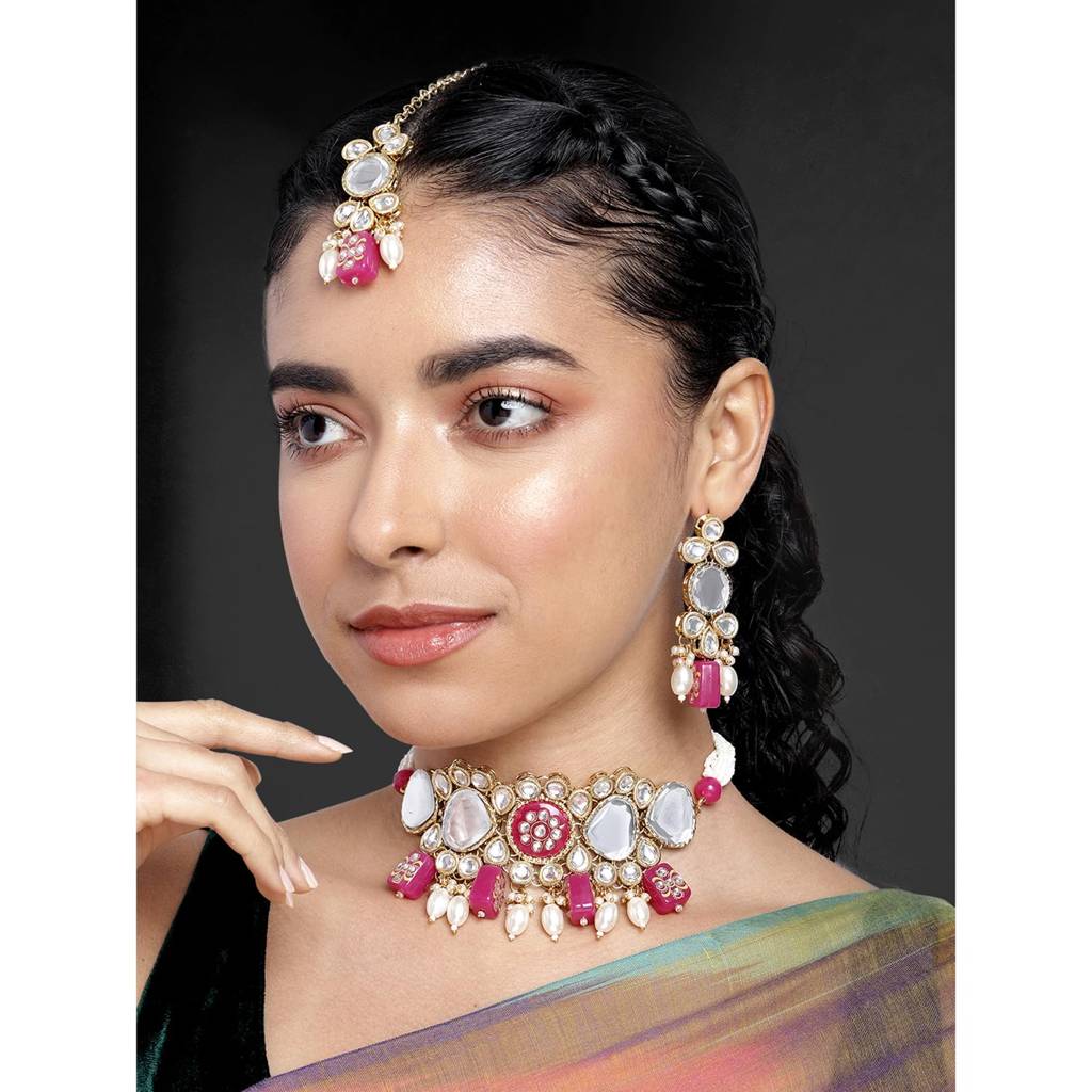Gold Plated Kundan Beads Studded Choker Necklace Dangle Earrings & Maangtikka Set Ethnic Fashion Jewellery Gift F : PF25N080RP