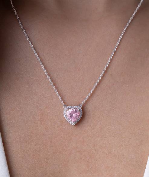 18K Gold Vermeil Romantic Pink Heart Halo Pendant And Earring Set For Her | Gift For Womens And Girls : KES0035_KNP0070