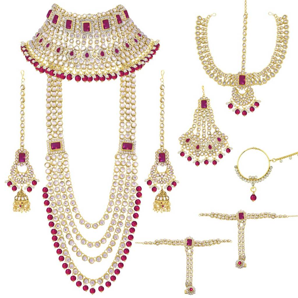 Ethnic Traditional Gold Plated Kundan Studded Dulhan Bridal Jewellery Set With Choker Earrings Maang Tikka Hathph : PF36BR02RP