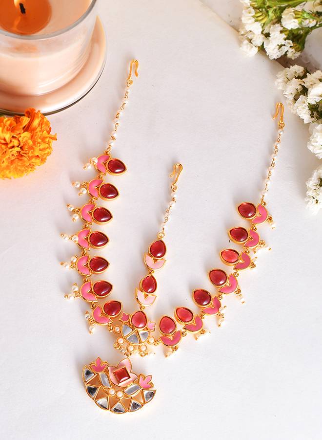 Forever More Pink Stones And Pearls Enamelled Floral Maang Tika : 8905124498011