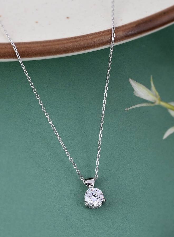 925 Sterling Silver Cz Single Stone Pendant With Chain : 8905124441567