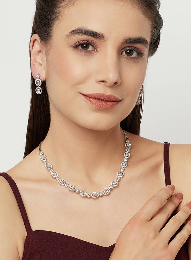 Square Cut Cushion Setting Cz Brass Silver Plated Jewellery Set : 8905124453331