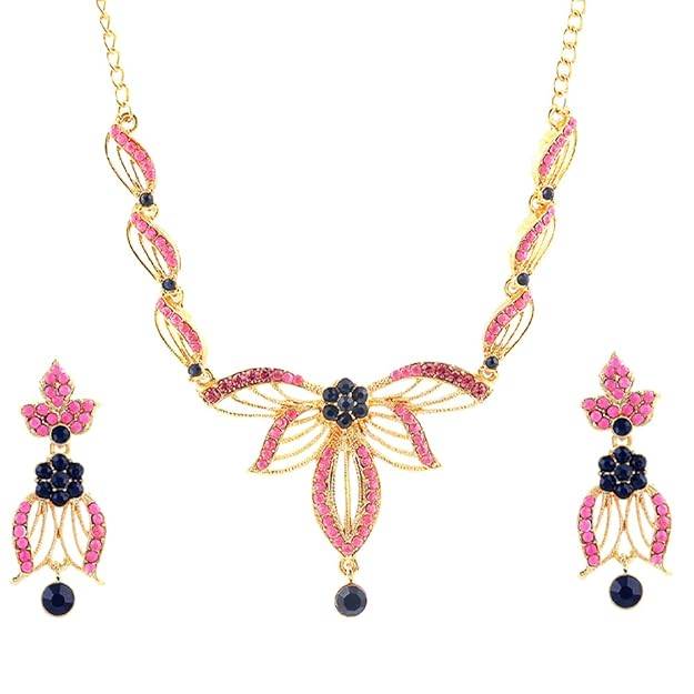 Classic Gold Plated Floral Necklace Set | Pink & Black Stone Jewelry : 50500047-IGNKER