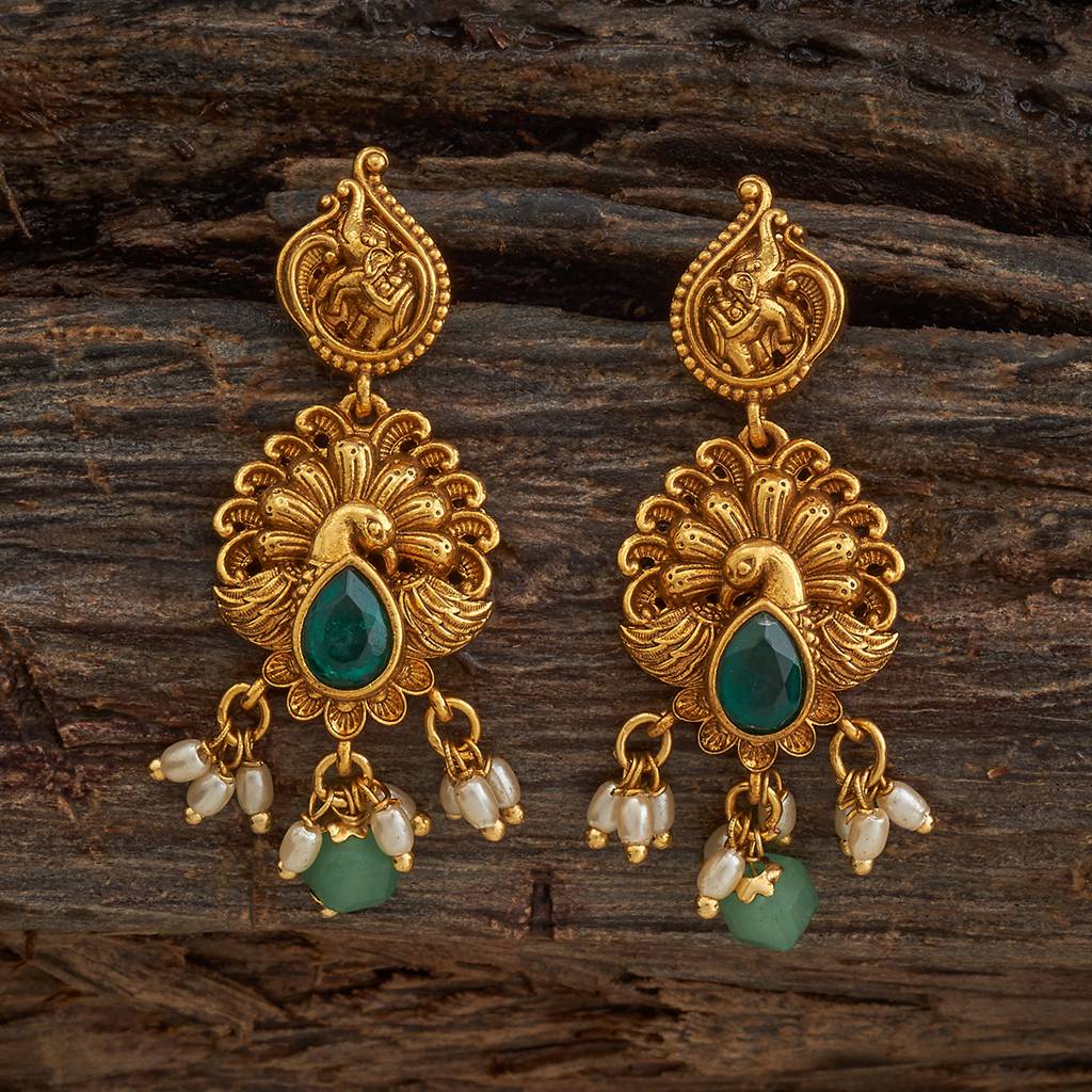 Kushal'S Fashion Jewellery Green Gold-Plated Ethnic Antique Earring Drop Earrings-185205 : 441952