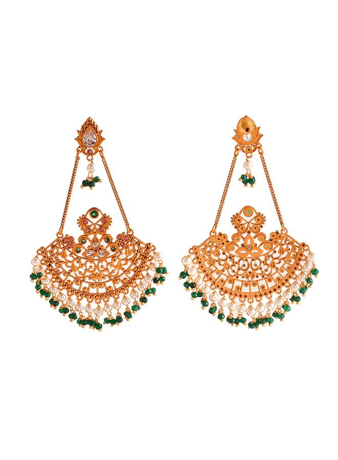 Abharan Ethnic White Pearls And Green Stones Filigree Earrings : 8905124493887