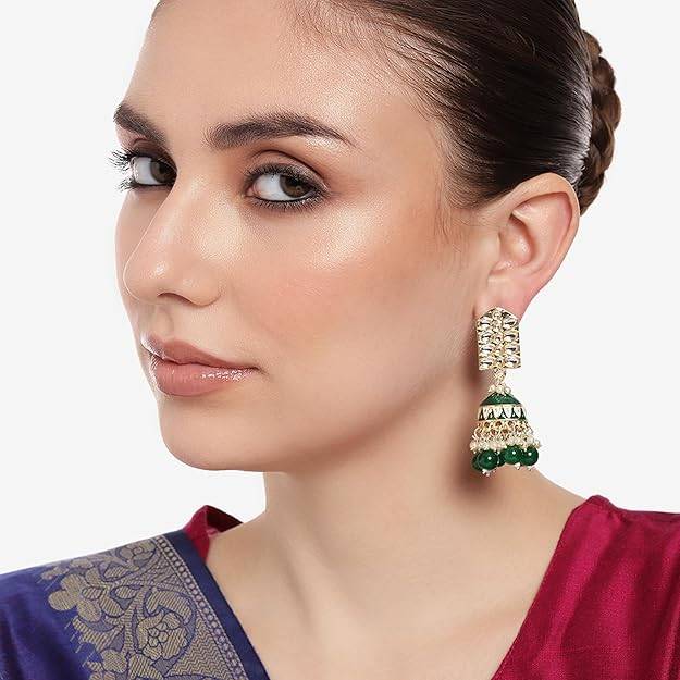 Estele Gold Plated Elegant Gehena Jhumka Earrings With Green Beads For Women : PJ-008-IGGNER