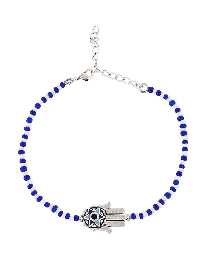 Evil Eye Blue And White Beads Hamsa Anklet : 8905124479522
