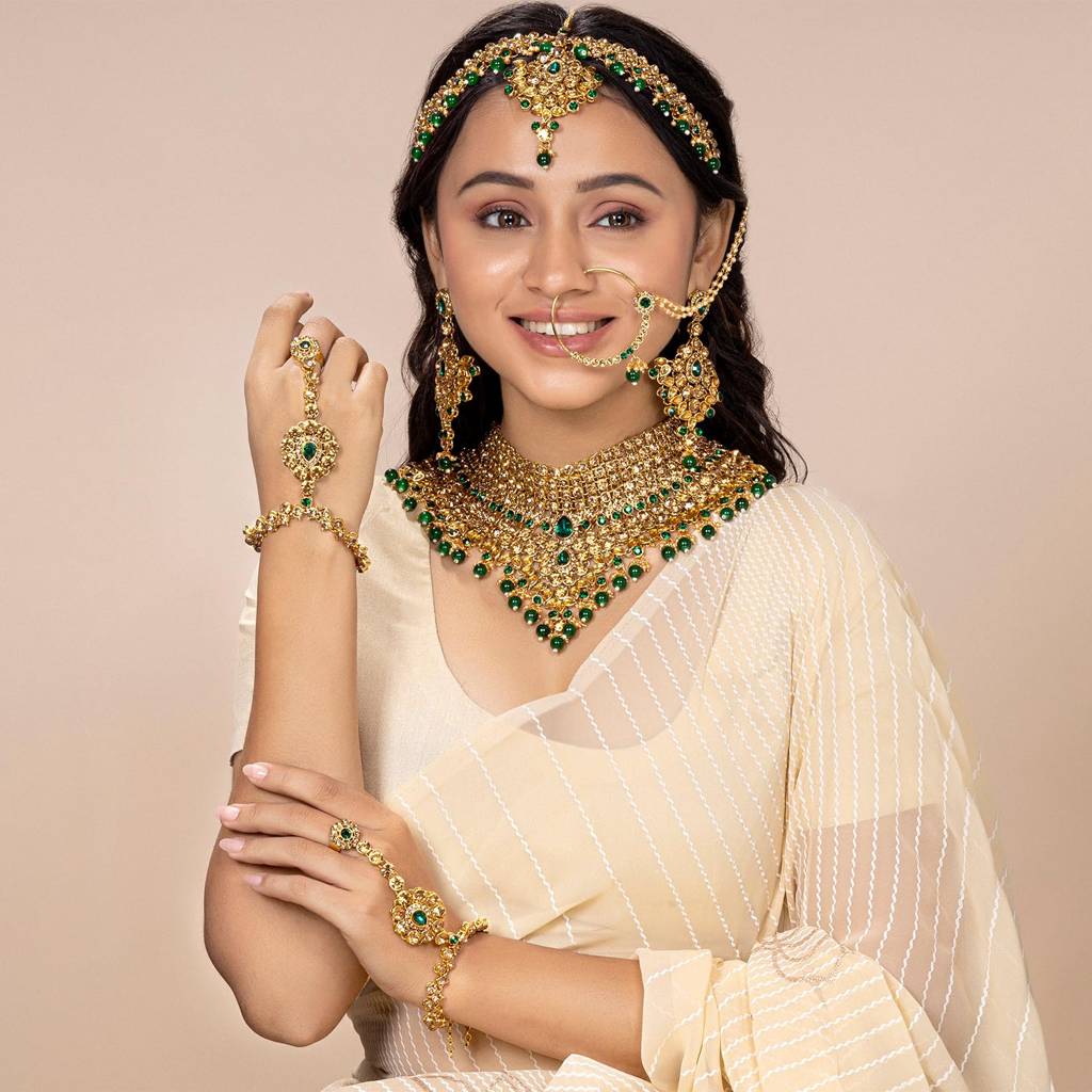 Gold Plated American Diamond Jodha Akbar Bridal Choker Necklace Earrings Maangtikka Nathiya Haathpanja Trad : PF37BRBLP021LCTG