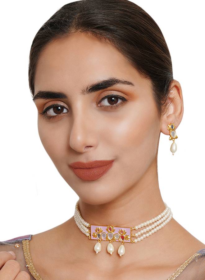 Pink Pearl String Short Festive Hues Necklace With Mirror Work Enameled Motif : 8905124466270