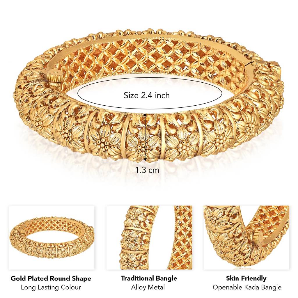 Gold Plated Single Piece Openable Floral Kada Bangle Traditional Jewellery For Women-Pf74B92-S1 : PF74B92-S1-4