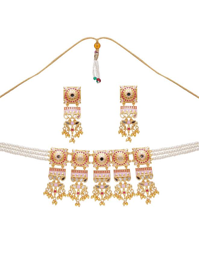 Festive Hues Mandala Faux Pearls Embellished Brass Gold Plated Jewellery Set : 8905124466218