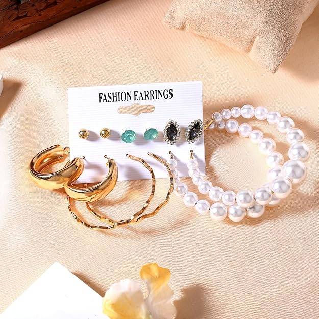 Elegant Earring Combo Set Of 6 | Hoops, Pearl & Stone Earrings : ON-COM-019-BGER