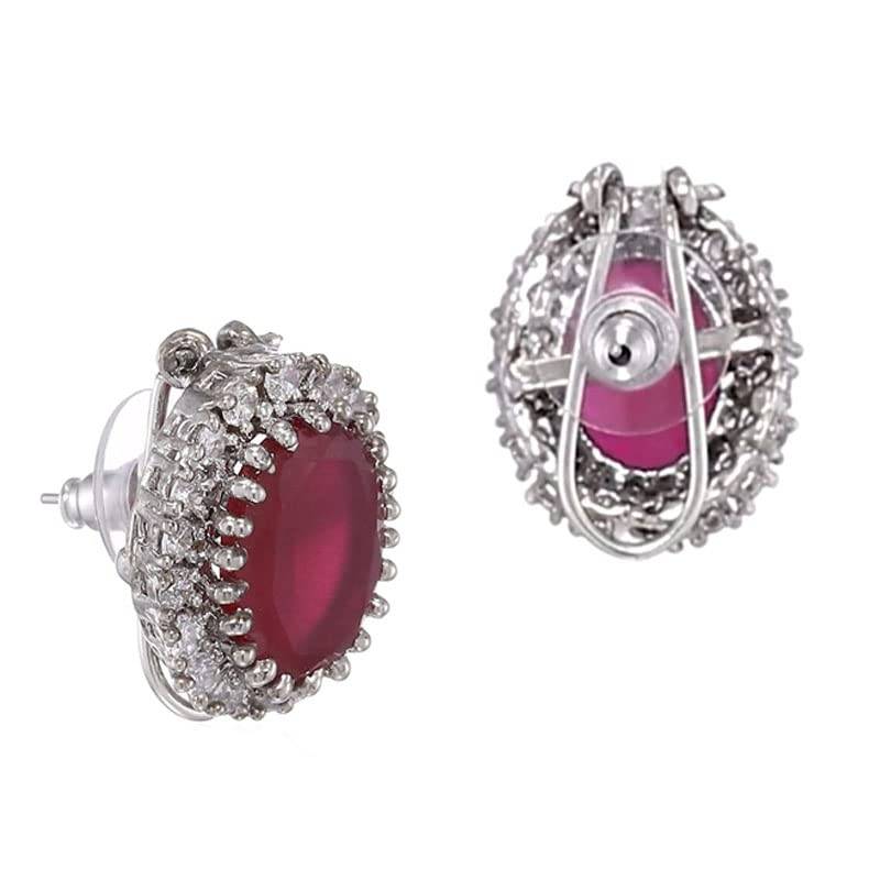 Estele Rhodium Plated American Diamond Cz Ruby Halo Stud Earrings For Women : AD-106707ER