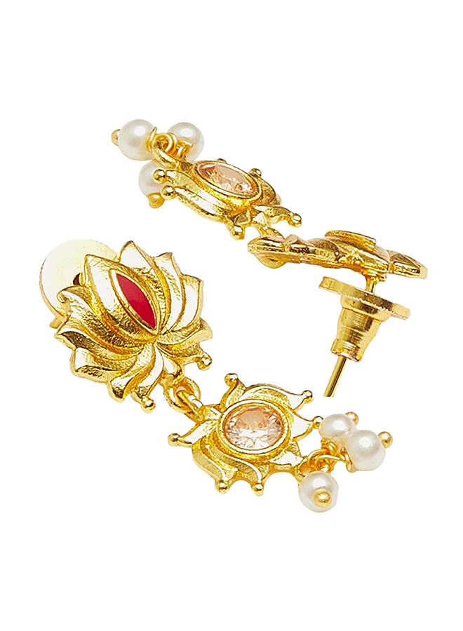 Apsara Faux Pearls Adorned Brass Lotus Motifs Gold Plated Jewellery Set : 8905124443813